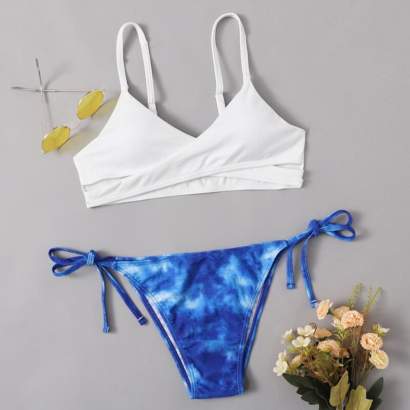 

Tie Dye Wrap Bikini Swimsuit, Blue and white
