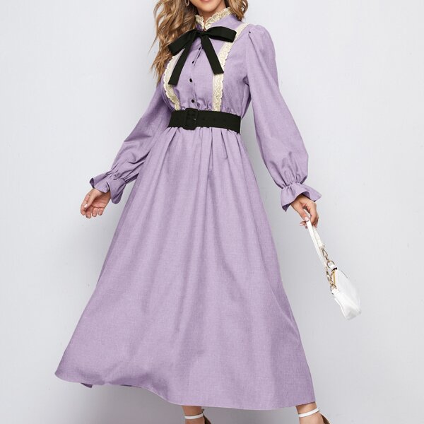 

Guipure Lace Detail Bow Front Belted Dress, Pastel lilac purple