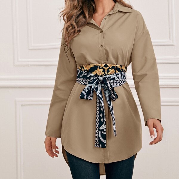 

Solid Blouse With Scarf Print Belt, Khaki