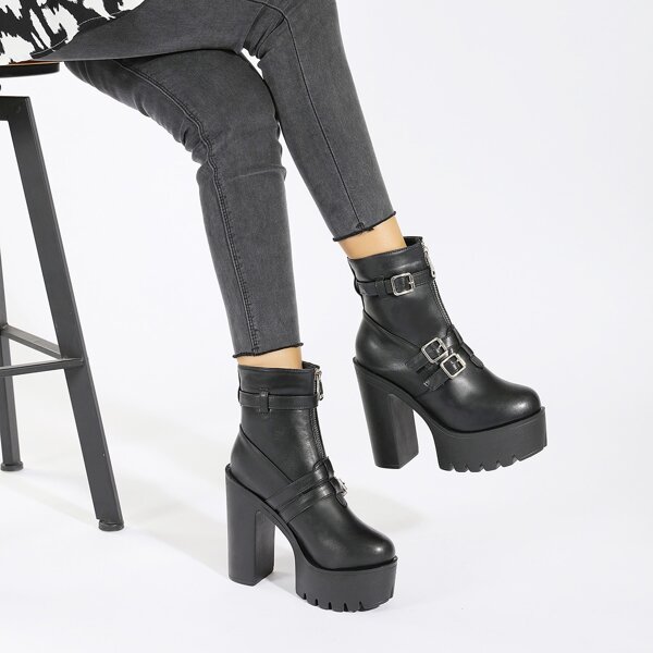 

Buckle Decor Zipper Front Ultra High Heeled Boots, Black