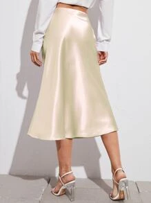 SHEIN BAE Zipper Side Solid Satin Skirt - Beige - View 2