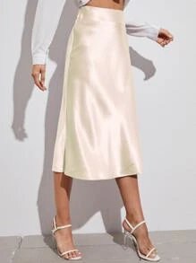 SHEIN BAE Zipper Side Solid Satin Skirt - Beige - View 3