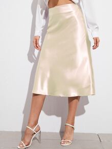 SHEIN BAE Zipper Side Solid Satin Skirt - Beige - View 4
