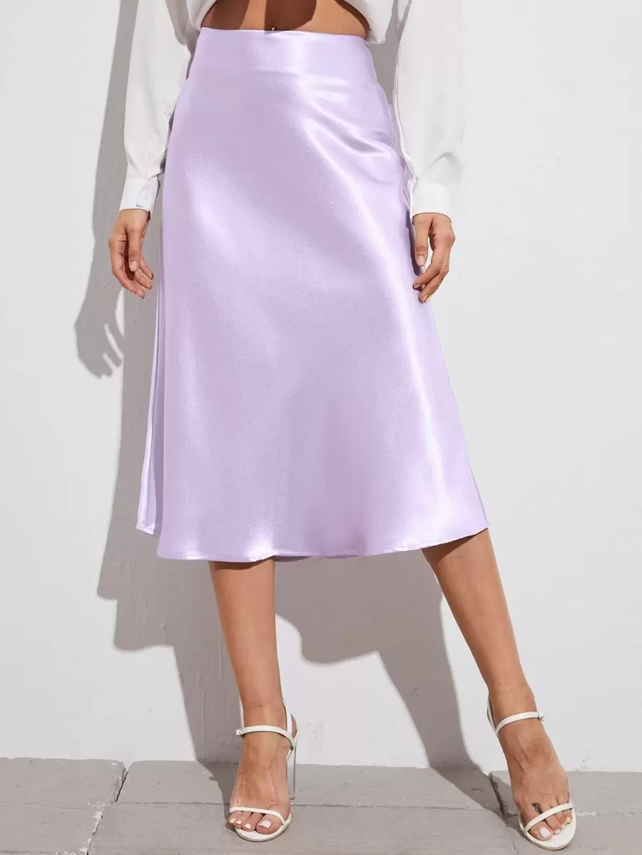 SHEIN BAE Zipper Side Solid Satin Skirt - Lilac Purple - View 1