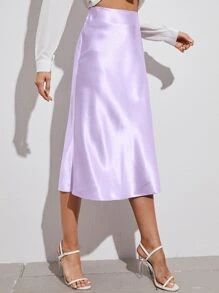 SHEIN BAE Zipper Side Solid Satin Skirt - Lilac Purple - View 3