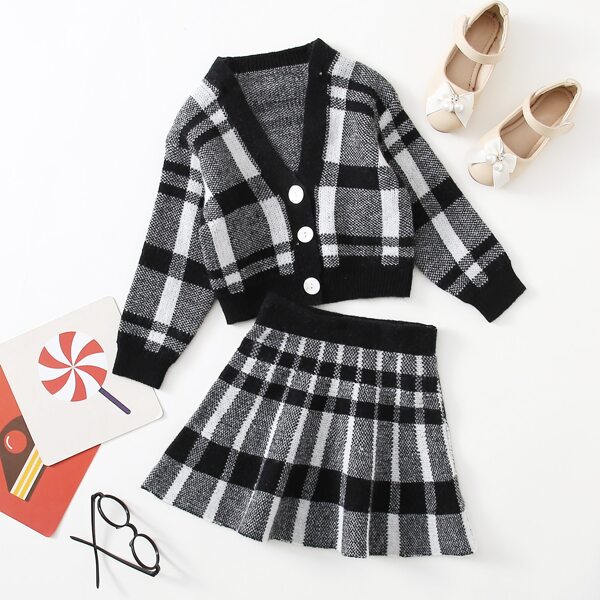

Toddler Girls Plaid Button Front Cardigan & Knit Skirt, Black and white