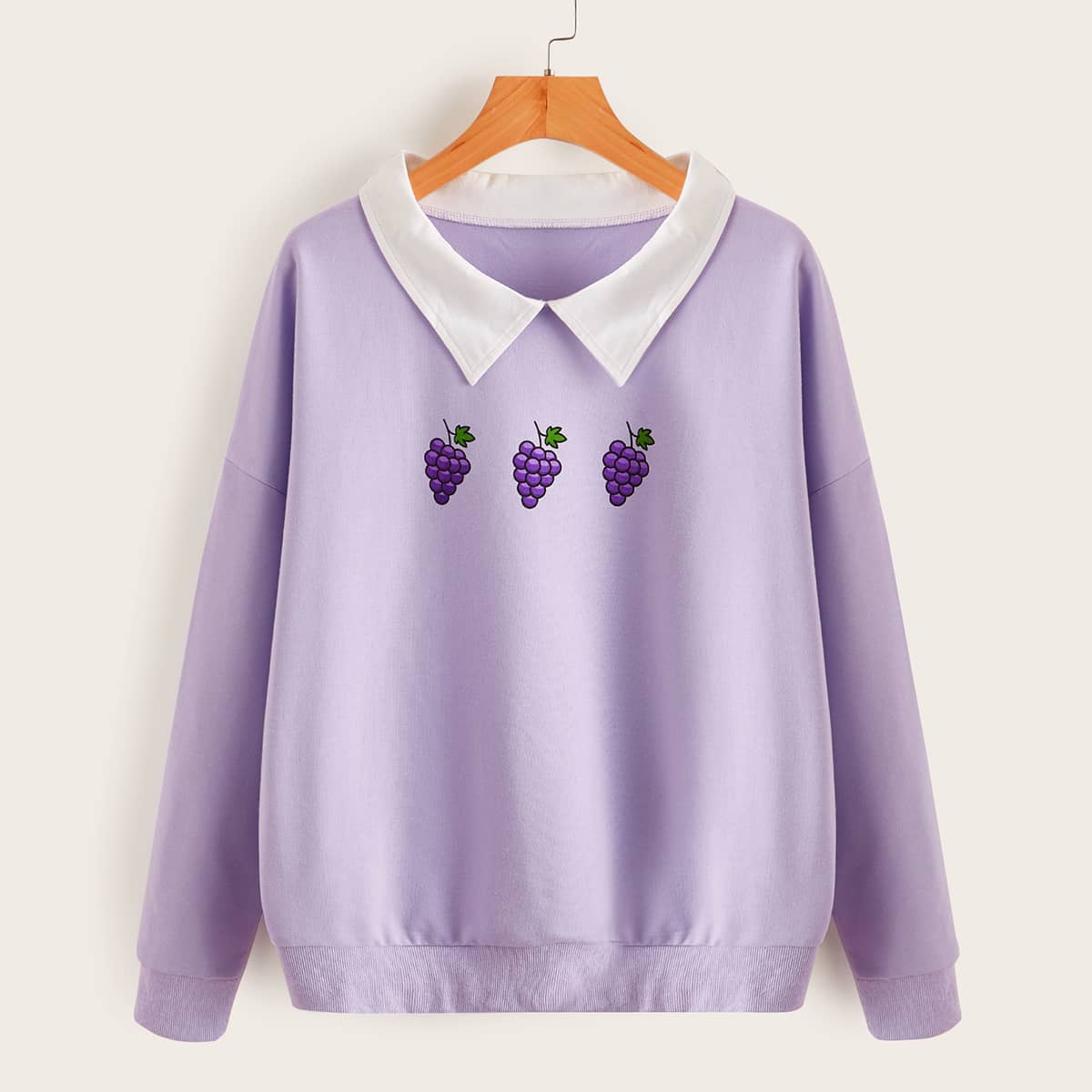 

Contrast Collar Grape Pattern Sweatshirt, Lilac purple