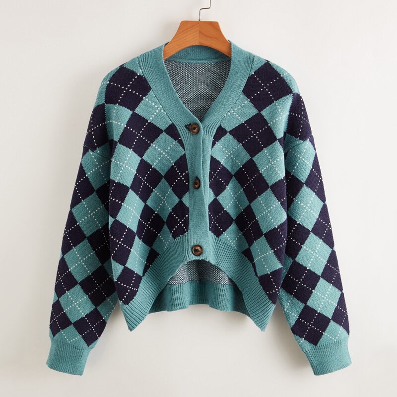 

Argyle Pattern Button Front Cardigan, Multicolor