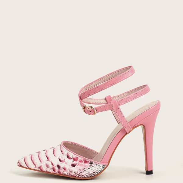

Snakeskin Print Stiletto Heeled Ankle Strap Pumps, Pink