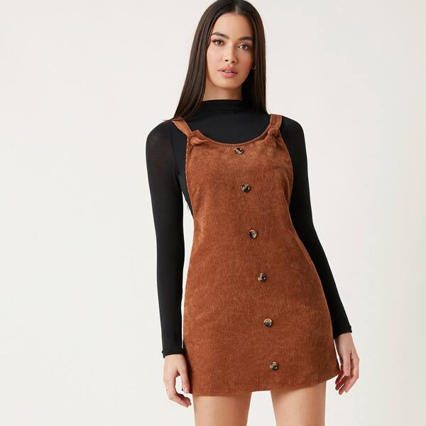 

Button Front Cord Overall Dress, Brown
