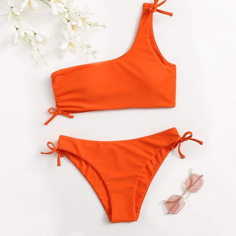 

Drawstring One Shoulder Bikini Swimsuit, Orange