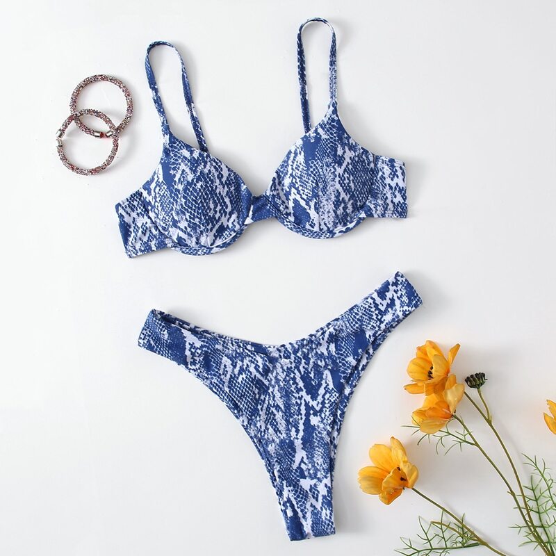 

Snakeskin Print Underwire Bikini Swimsuit, Blue