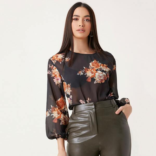 

Bishop Sleeve Floral Top Without Bra, Black