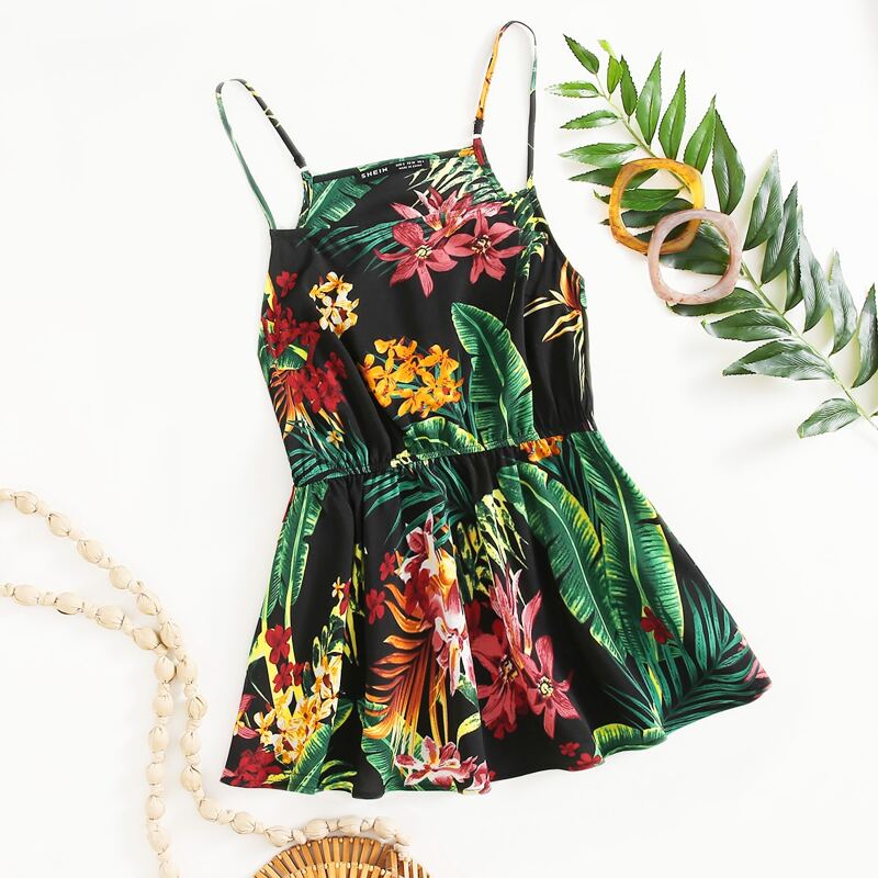 

Tropical Print Ruffle Hem Cami Top, Multicolor