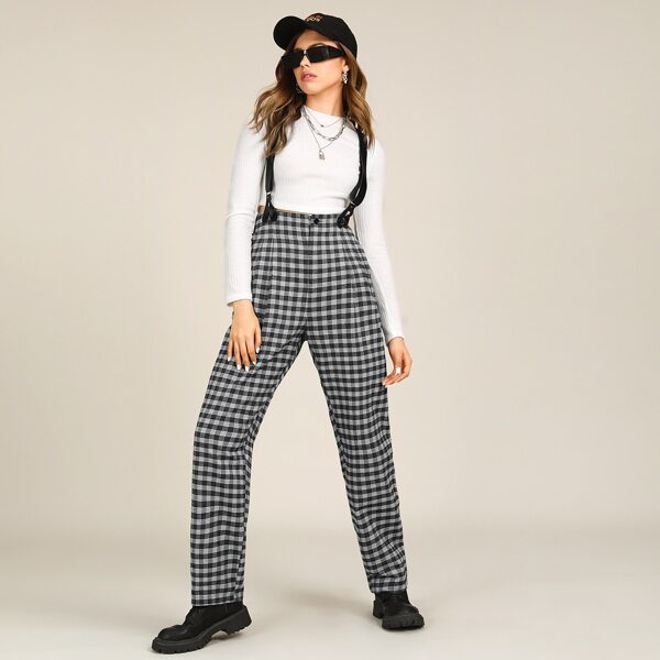 

Buffalo Plaid Suspender Pants, Black and white