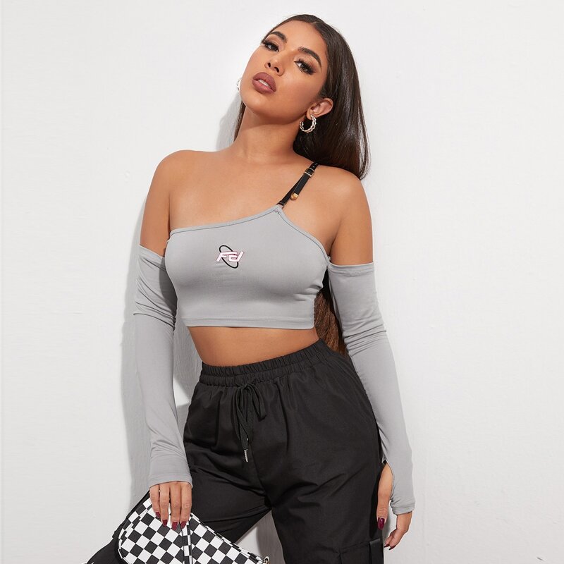 

Buckle Straps Letter Embroidery Thumb Hole Crop Top, Grey
