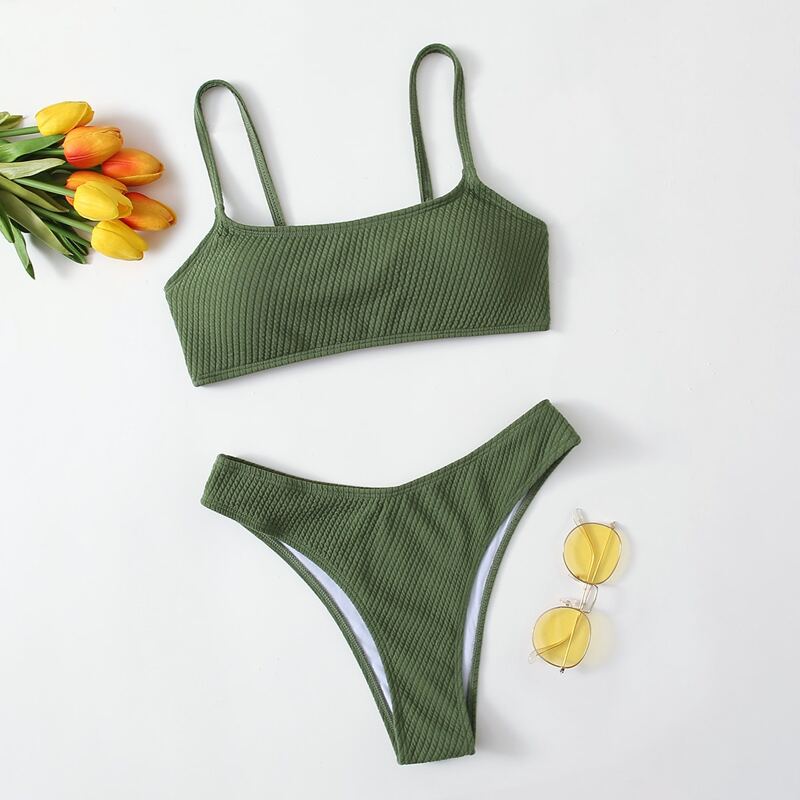 

Textured High Leg Bikini Swimsuit, Green
