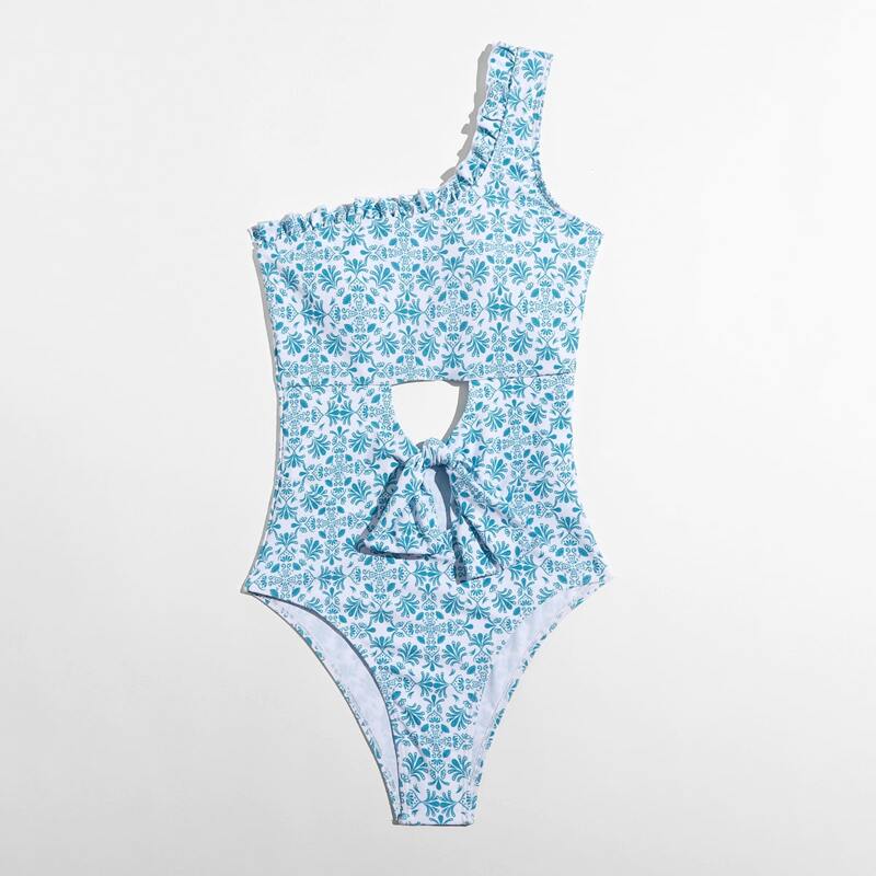 

Floral Frill Trim Knot One Piece Swimsuit, Baby blue