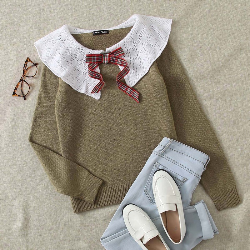 

Contrast Collar Bow Front Sweater, Khaki
