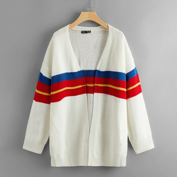 

Drop Shoulder Open Front Colorblock Cardigan, White