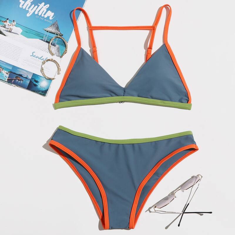 

Contrast Binding Bikini Swimsuit, Navy blue