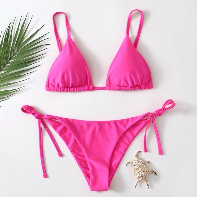 

Solid Triangle Tie Side Bikini Swimsuit, Hot pink