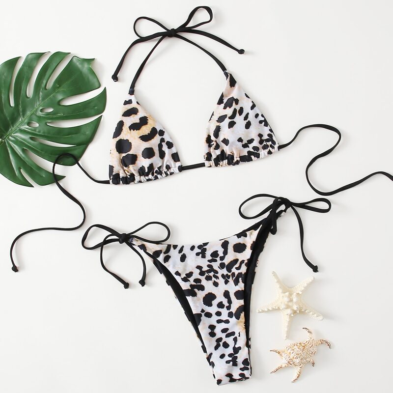 

Leopard Tie Side Thong Bikini Swimsuit, Black and white
