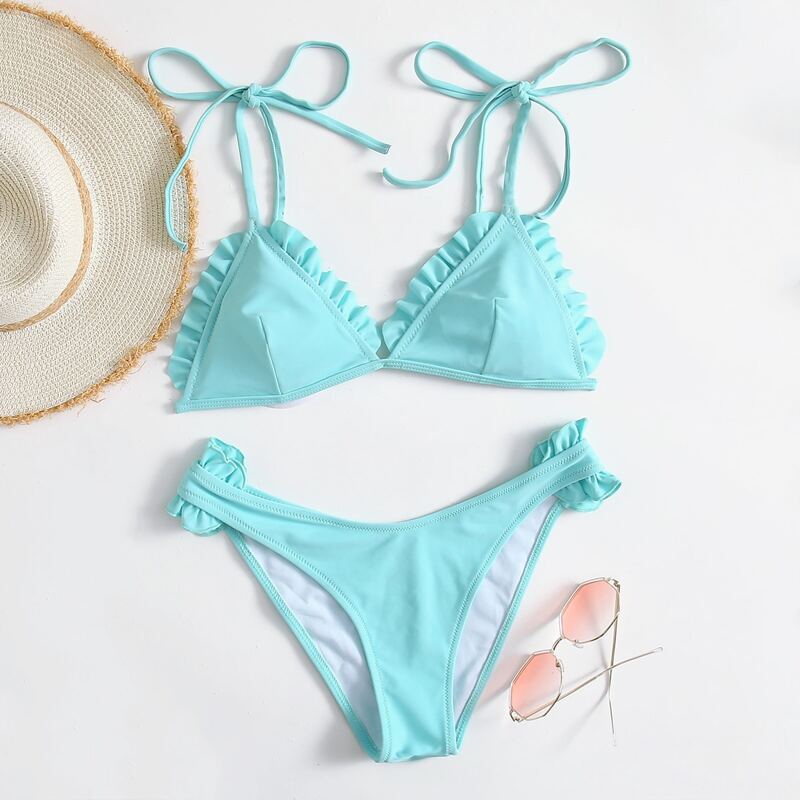 

Frill Tie Shoulder Bikini Swimsuit, Mint blue