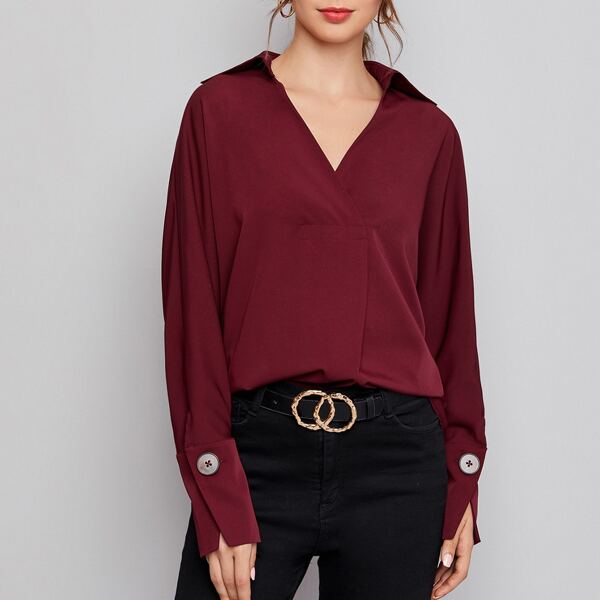 

V-neck Collared Solid Top, Burgundy
