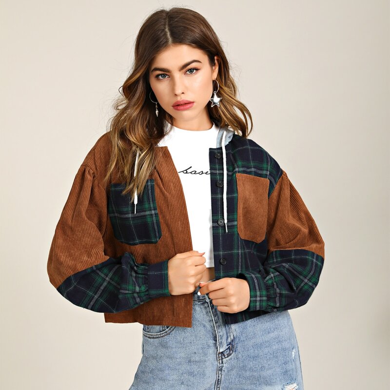 

Drop Shoulder Plaid Cord Jacket, Multicolor