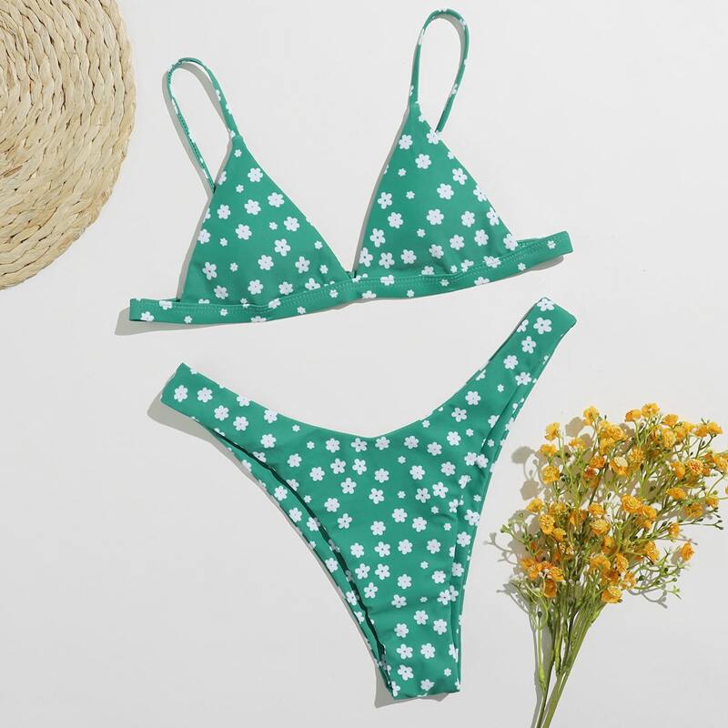 

Ditsy Floral High Leg Bikini Swimsuit, Green