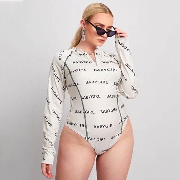 

Plus Letter Graphic Topstitching Tee Bodysuit, White
