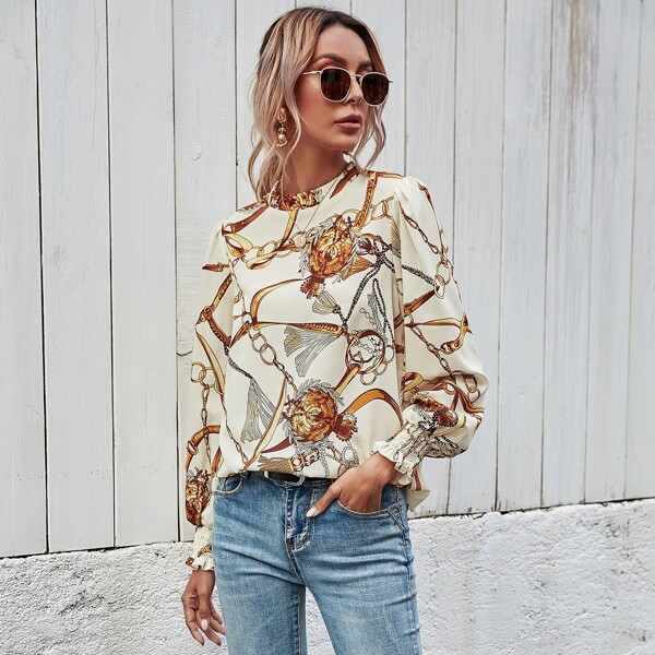 

Flounce Sleeve Chain Print Top, Multicolor