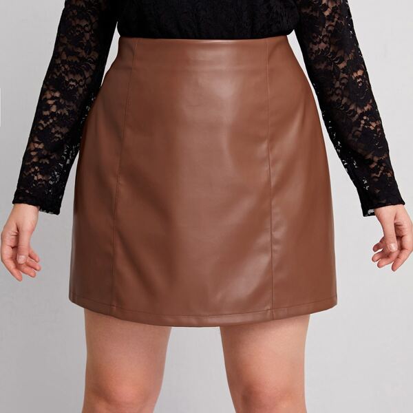 

Plus PU Leather Solid Straight Skirt, Rust brown