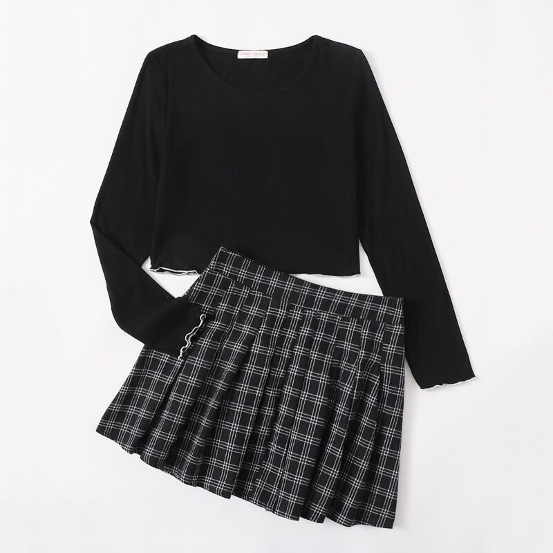 

Lettuce Trim Crop Tee & Plaid Pleated Skirt, Black