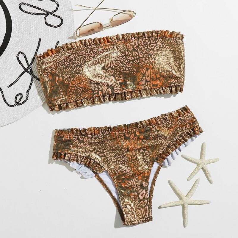 

Leopard Frill Trim Bikini Swimsuit, Multicolor