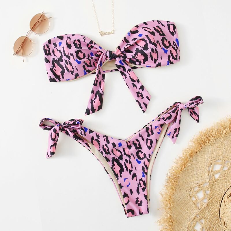 

Leopard Knot High Leg Bikini Swimsuit, Pink