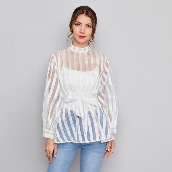 

Mock Neck Belted Striped Sheer Organza Top Without Camisole, White