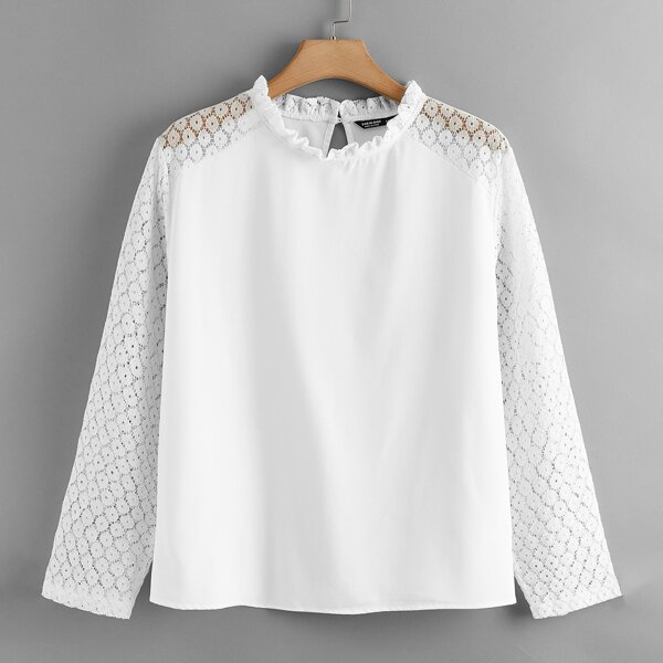 

Plus Frill Neck Contrast Lace Sleeve Blouse, White