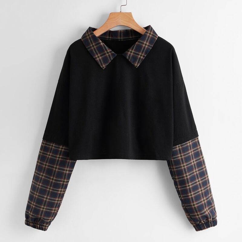 

Contrast Plaid-Collar Crop Tee, Multicolor