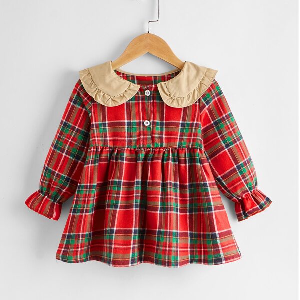 

Toddler Girls Tartan Print Peter Pan Collar Flounce Sleeve Smock Dress, Red