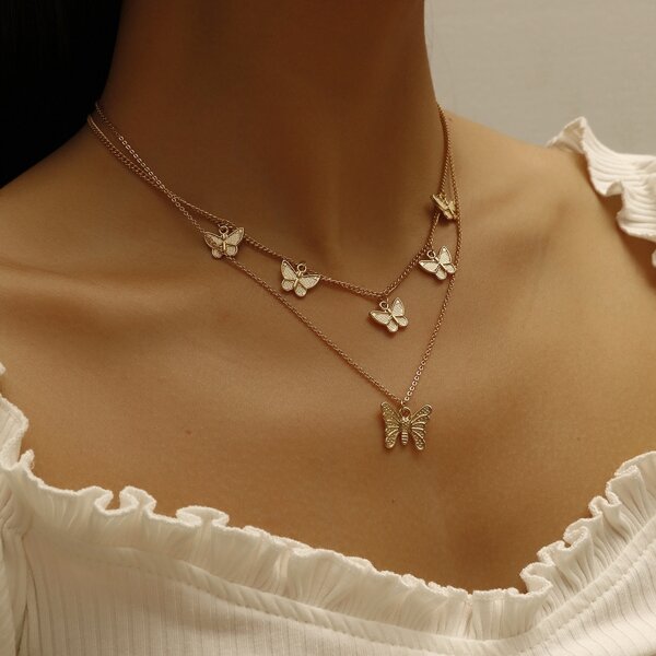 

Butterfly Pendant Layered Necklace, Gold