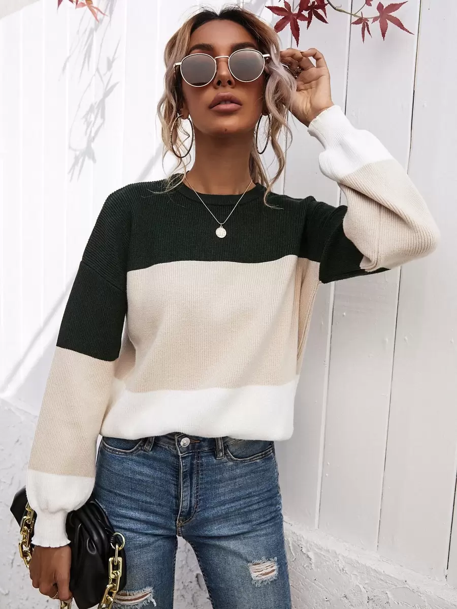 SHEIN LUNE Color Block Drop Shoulder Sweater - Multicolor - View 1