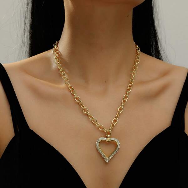 

Rhinestone Heart Pendant Necklace, Gold