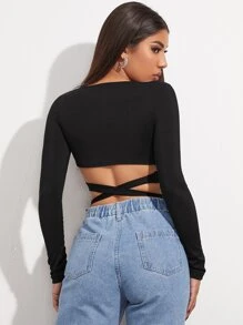 Cross Wrap Tie Front Rib-knit Crop Top - Black - View 2