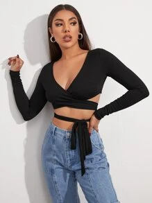 Cross Wrap Tie Front Rib-knit Crop Top - Black - View 4