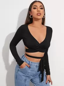 Cross Wrap Tie Front Rib-knit Crop Top - Black - View 5