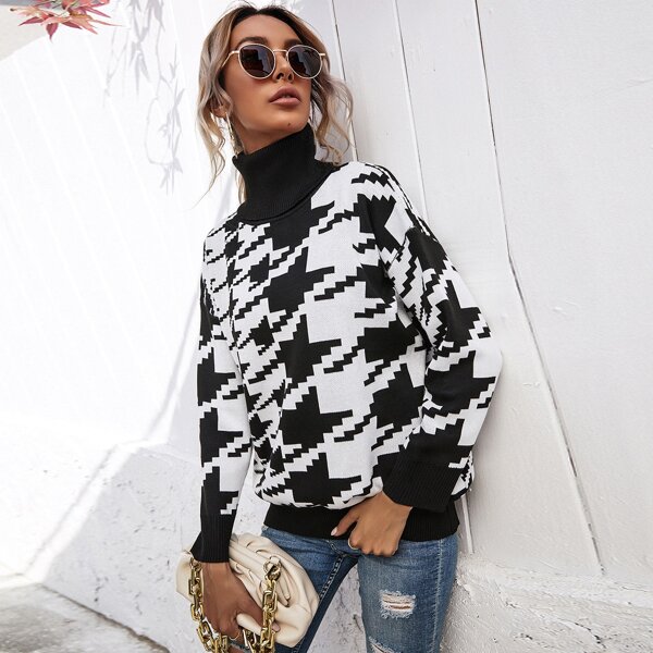 

High Neck Houndstooth Pattern Sweater, Black and white