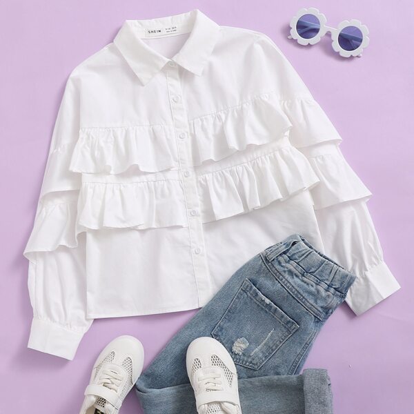 

Girls Ruffle Trim Blouse, White