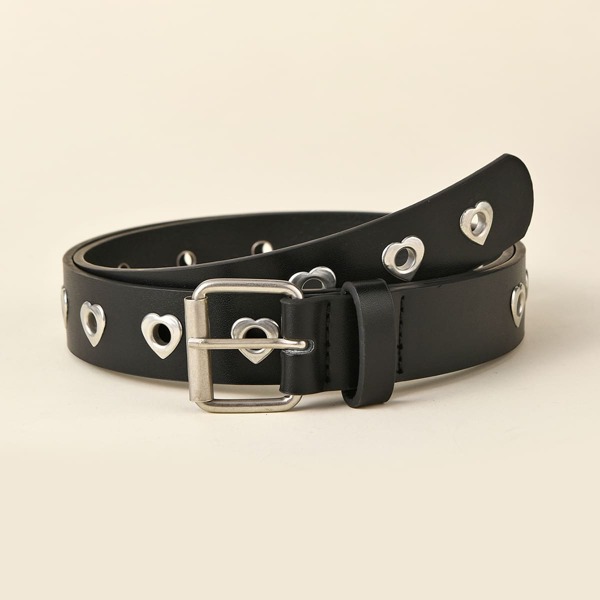 

Heart Design Eyelet Decor Belt, Black